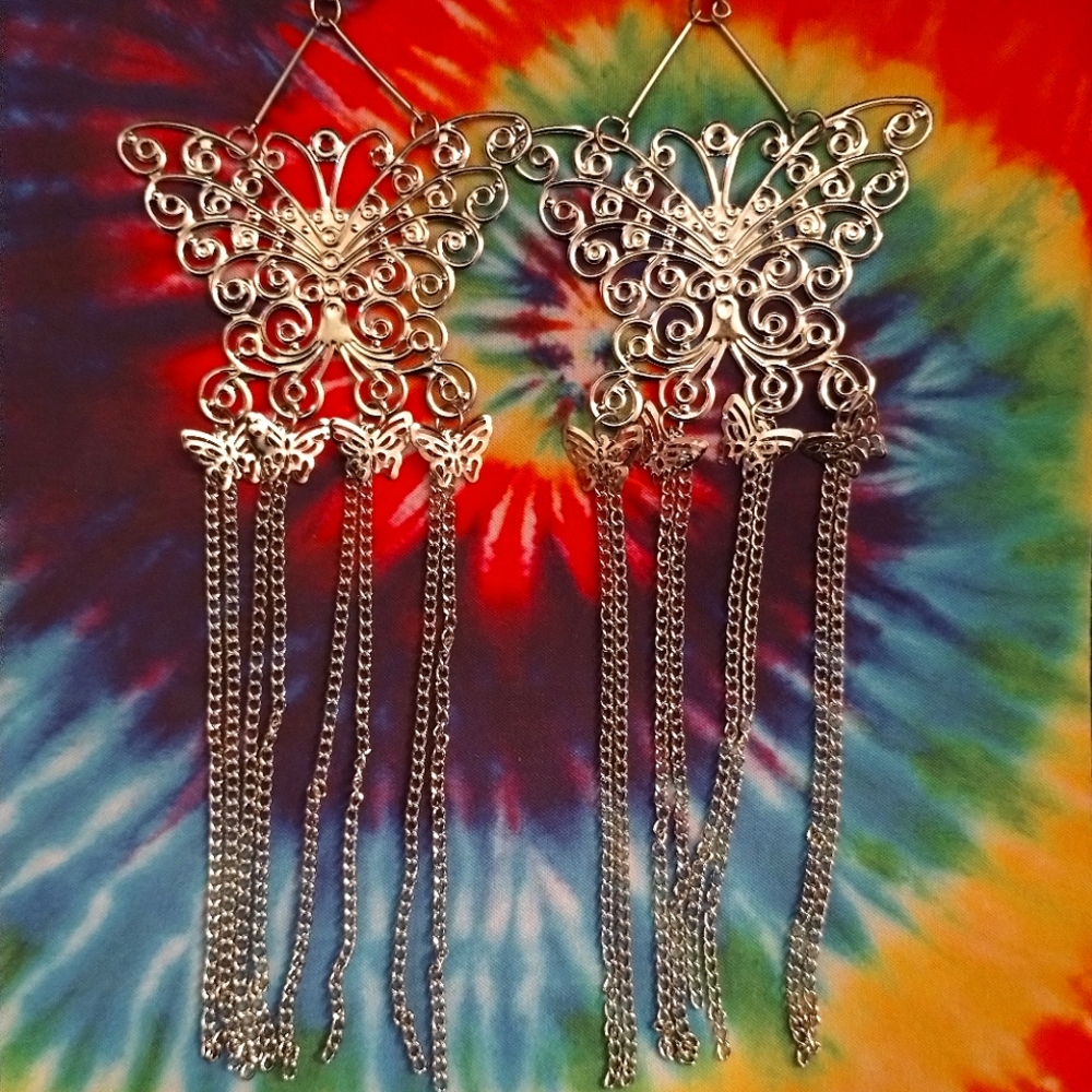 NEW Big Lightweight Silver Metal Butterfly Dangle Earrings w/ Long Chains